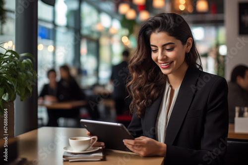 Young Professional Hispanic businesswoman using a digital tablet in a vibrant cafe setting.