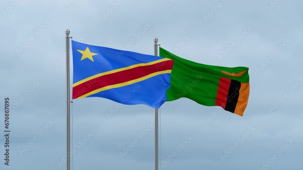 Zambia and Democratic Republic of the Congo flag waving together on cloudy sky, endless seamless loop, two country cooperation concept Zambia and Democratic Republic of the Congo flag waving together on cloudy sky, endless seamless loop, two country cooperation concept
