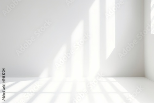 Abstract white studio background for product presentation. Empty room with shadows of leaves. Display product with blurred backdrop  Generative AI