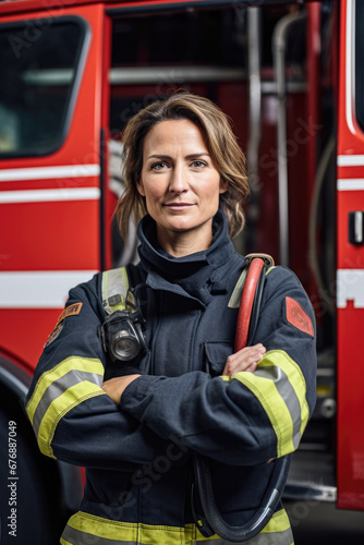 Firefighter woman standing in front of fire truck.