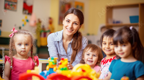 Women in a child playroom showing kids playing a pretend game.