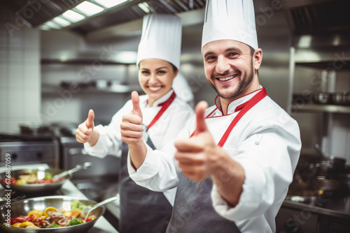 Pair of chefs giving thumbs up while serving food in restaurant.