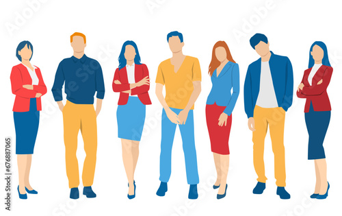  Set of young men and women, different colors, cartoon character, group of silhouettes of standing business people, students,  design concept of flat icon, isolated on white background