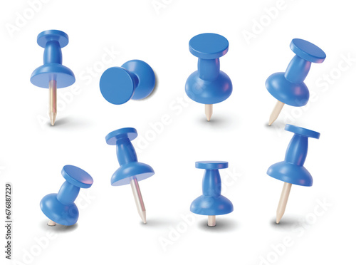 3d Blue Push Pins Set Different Angles Cartoon Style Element Business Stationery. Vector illustration of Pin Tool or Pushpin