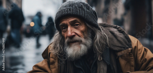 Close up portrait of old homeless man face with white beard and hair wandering on the street depressed sick and lonely, social issues homelessness documentary concept. Generative AI.