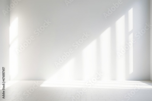 Abstract white studio background for product presentation. Empty room with shadows of window and flowers and palm leaves. 3d room with copy space. Summer concert. Blurred backdrop, Generative AI photo