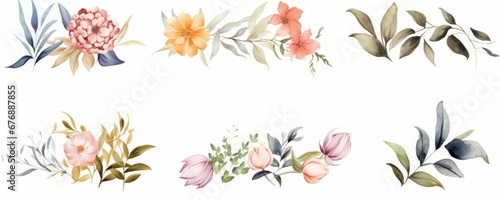 Watercolor floral bouquet illustration set - blush pink blue yellow flower green leaf leaves branches bouquets collection. Wedding stationary, greetings, wallpapers, fashion, Generative AI