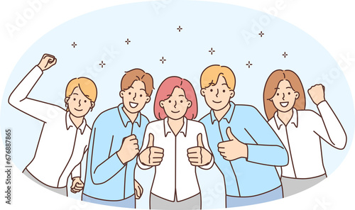 Smiling businesspeople celebrate shared business success