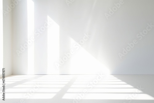 Abstract white studio background for product presentation. Empty room with shadows of window. Display product with blurred backdrop. Soft focus  Generative AI