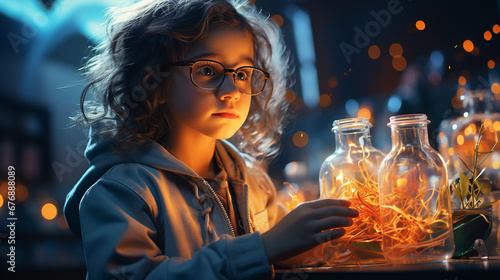 Cute small girl science room. photo