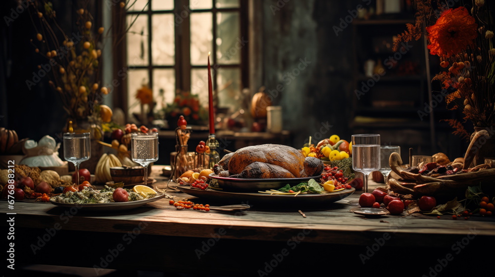 festive table for Thanksgiving Day. Cooked turkey. decoration of the dining table.