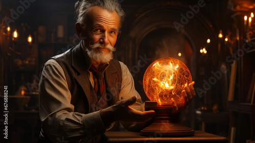 Elderly magician in fire round ball.