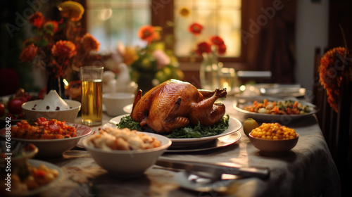 festive table for Thanksgiving Day. Cooked turkey. decoration of the dining table.