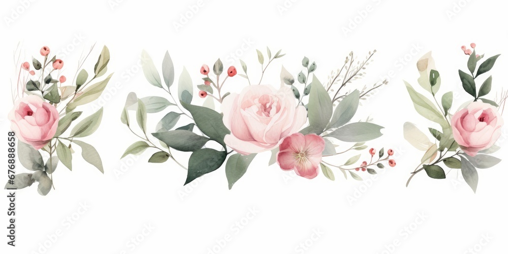 Watercolor floral bouquet illustration set - white flower green leaf leaves branches bouquets collection. Rose, peony, eucalyptus, chamomile. Wedding stationary, greetings, wallpapers, Generative AI