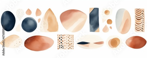 Abstract elements. Terracotta, blue, orange, blush, pink, ivory, beige watercolor Illustration and gold elements, on white background. Abstract modern, Generative AI © Visual Wonders
