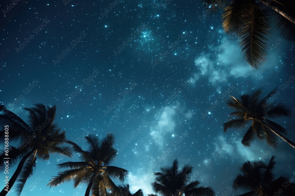 Palm trees silhouetted against a night blue starry sky