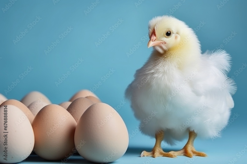 A small newborn chick stands next to the eggs. Poultry farming concept