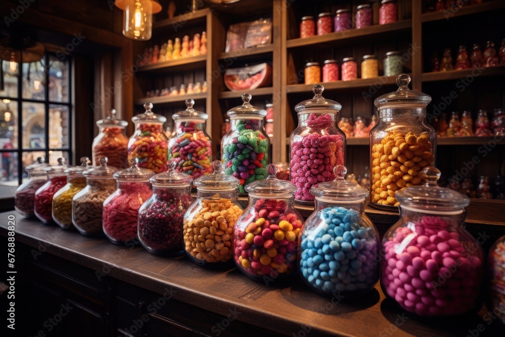 A counter with various glassware of sweets and candies displayed on it. The jars are arranged in a colorful and varied manner, creating an appealing display.