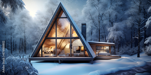 Snowy Cabin, A Luxurious and Modern A-frame house cabin from which golden light is getaway,  in the heart of nature, in middle of a forest in winter and white ice on trees generative AI