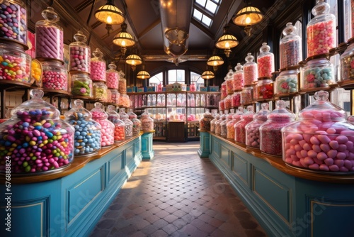 An indoor stand in candy store with various sweets and candies in glass jars. photo