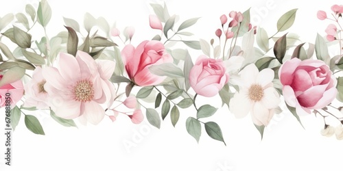 Watercolor floral seamless border with green leaves, pink peach blush white flowers, leaf branches. For wedding invitations, greetings, fashion, prints. Eucalyptus, olive, Generative AI