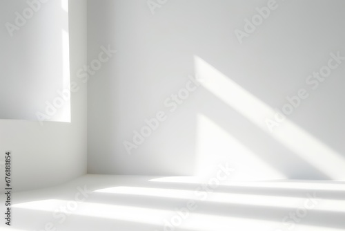 Abstract white studio background for product presentation. Empty gray room with shadows of window. Display product with blurred backdrop, Generative AI