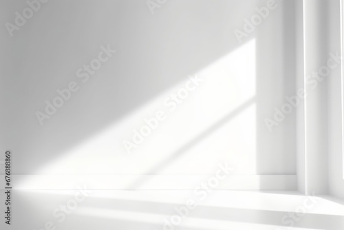 Abstract white studio background for product presentation. Empty gray room with shadows of window. Display product with blurred backdrop, Generative AI