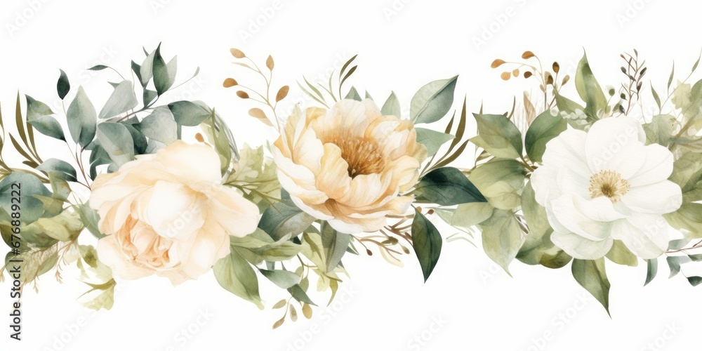 Watercolor seamless border - illustration with green gold leaves, white flowers, rose, peony and branches, for wedding stationary, greetings, wallpapers, fashion, backgrounds, wrappers, Generative AI