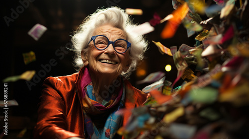 Happy elderly woman around a lot of banknotes.