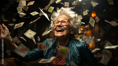 Happy elderly woman around a lot of banknotes.