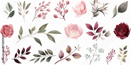Watercolour floral illustration individual elements set - green leaves, bur peach blush white flowers, branches. Wedding invitations fashion prints. Eucalyptus, olive, peony, Generative AI