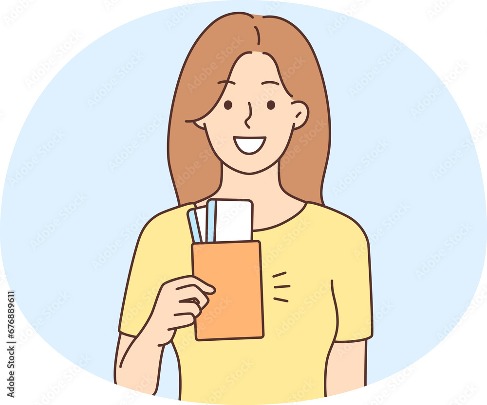 Smiling woman with passport excited with travel Smiling woman with passport excited with travel