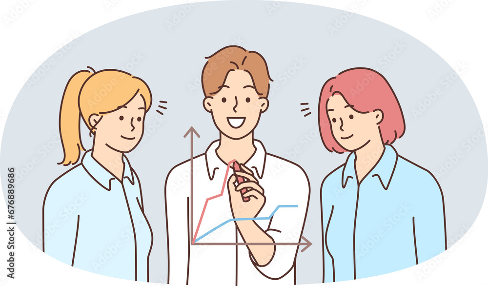 Smiling businesspeople work discuss financial chart Smiling businesspeople work discuss financial chart