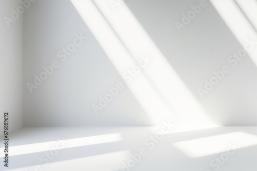 Empty white corner. Abstract studio background for product presentation. 3d room with shadows of window. Minimalistic space concept with blurred, Generative AI © Visual Wonders