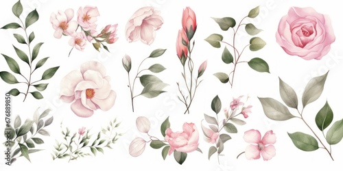Watercolor floral illustration elements set - green leaves  pink peach blush white flowers  branches. Wedding invitations  greetings  fashion  prints. Eucalyptus  olive  peony  rose  Generative AI