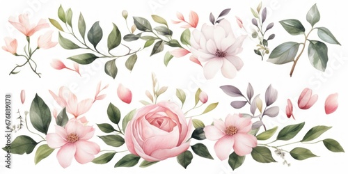 Watercolor floral illustration elements set - green leaves, pink peach blush white flowers, branches. Wedding invitations, greetings, fashion, prints. Eucalyptus, olive, peony, rose, Generative AI photo