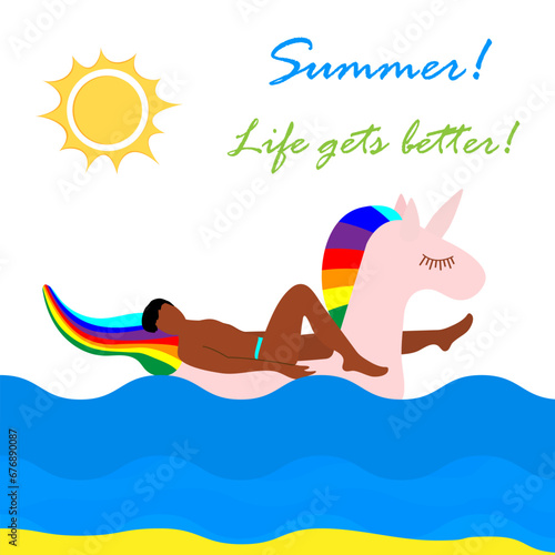Man swims on inflatable unicorn on the sea Vector