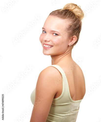 Teenager, portrait and happy in studio or natural beauty for gen z smile, mockup space on white background. Female person, model and face confident as positive look or good mood, clear skin or casual