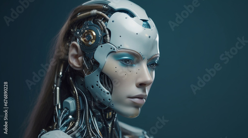 Female robot on blue background. AI Generated