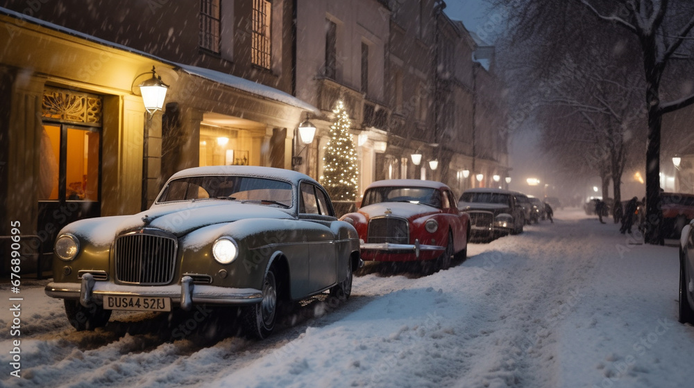 Fototapeta premium Retro cars line the streets of the city. AI Generated