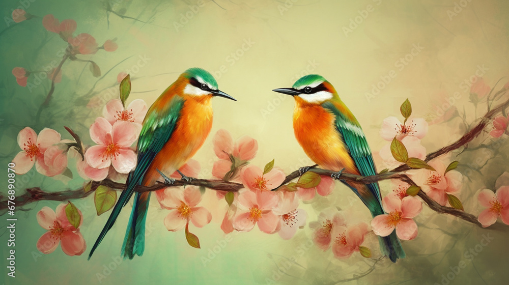 Birds on a flowering tree branch. AI Generated