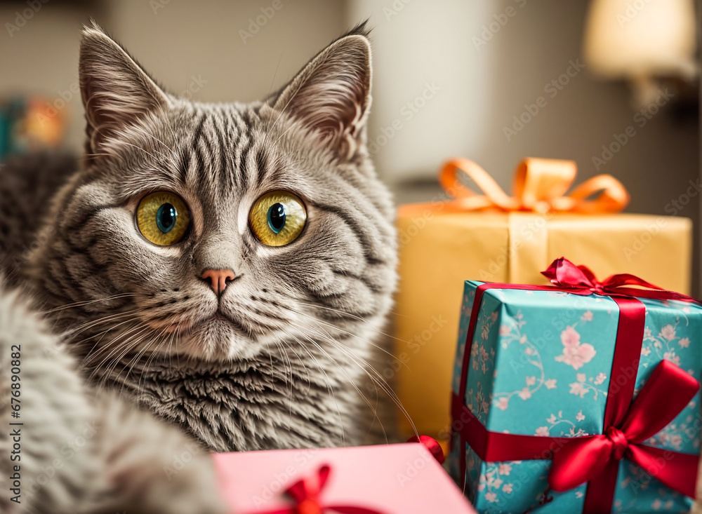 Portrait of an amazed cute cat, gift box Portrait of an amazed cute cat, gift box