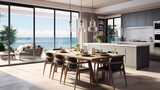 a kitchen with a large island and a dining table with chairs and a large window overlooking the ocean and a view