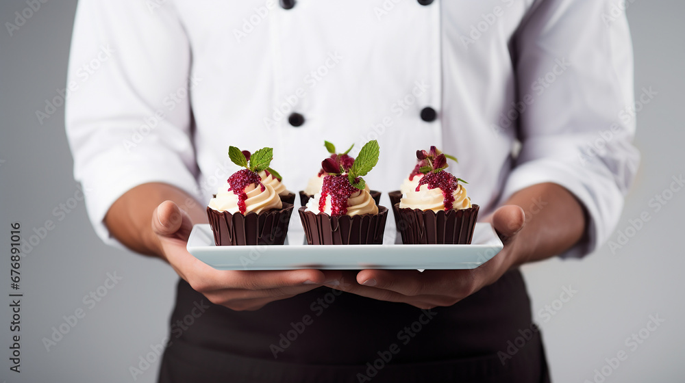 Waiter stands isolated on gray background and serving delicious dessert on a tray Waiter stands isolated on gray background and serving delicious dessert on a tray