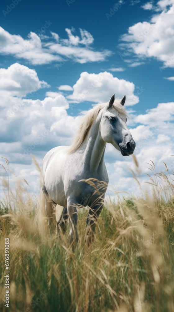 Obraz premium A white horse is grazing in a field of tall grass under a blue sky