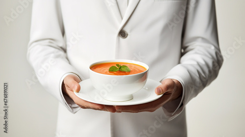 Waiter stands isolated on white background and serving a delicious tomato soup