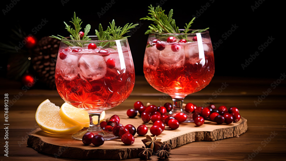 Christmas sangria in glasses with orange slices and berries. Christmas sangria in glasses with orange slices and berries.
