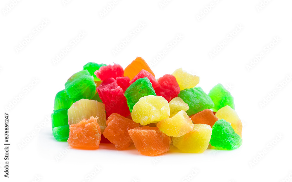 Candied fruits pieces isolated on white Candied fruits pieces isolated on white