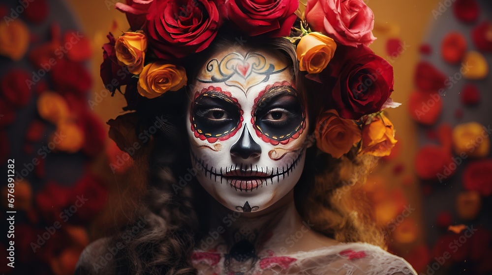 Girl with skull face paint and roses in hair, day of death