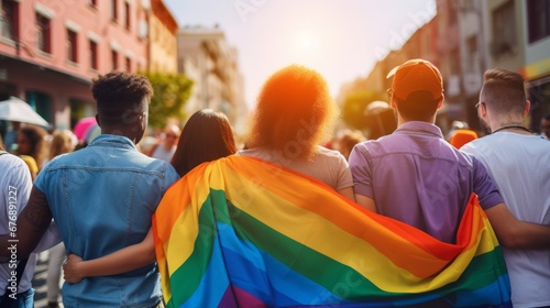 crowd of people with rainbow flag